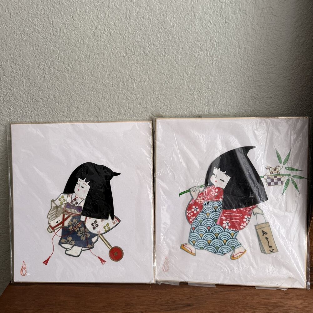 Lot of 2 Oshie Japanese Girl in Kimono Textile 3D Fabric Wall Hanging Art